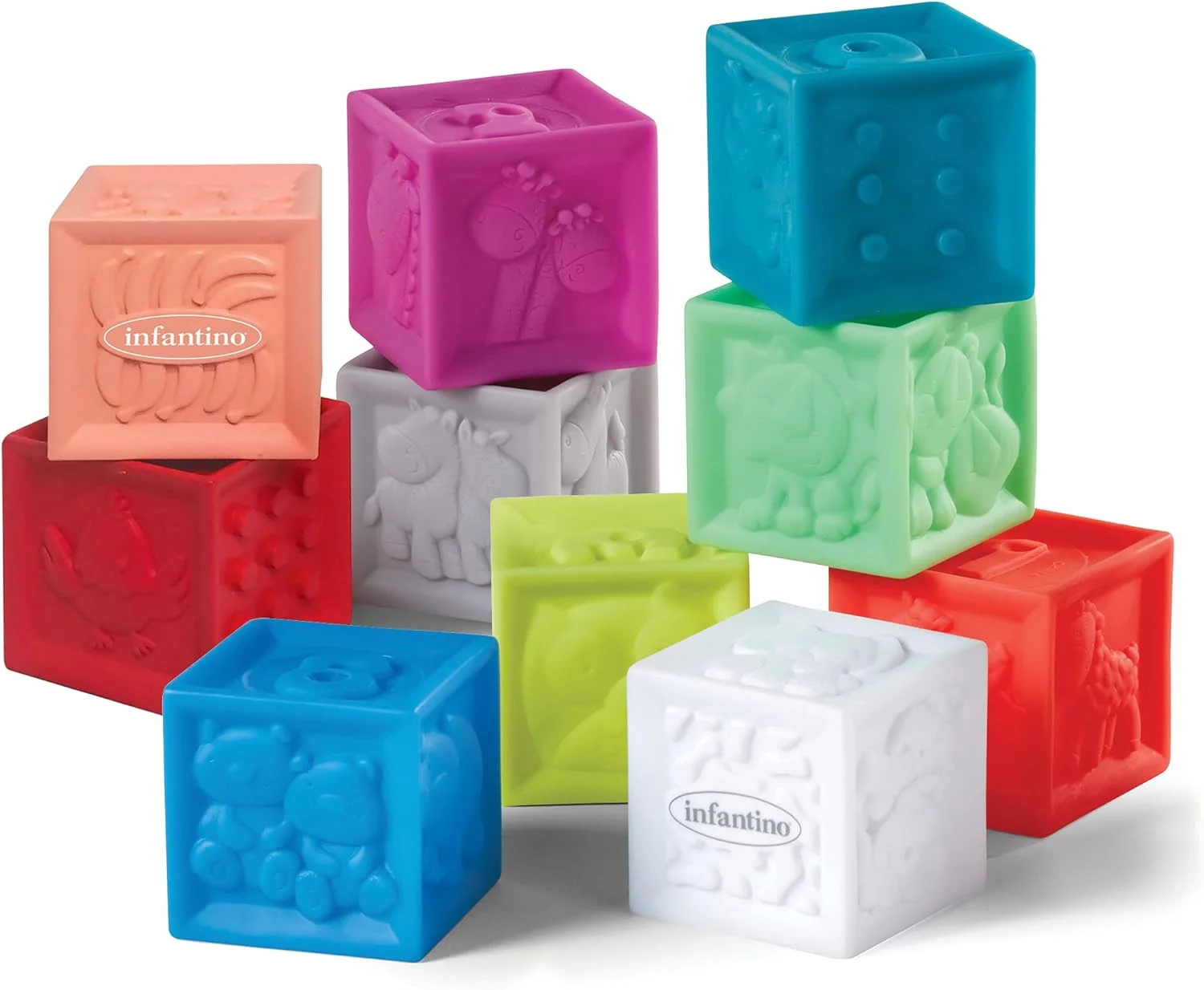 مجموعه بلوک های فشاری و چیدنی اینفانتینو - 10 بلوک نرم و رنگارنگ با طرح اعداد، حیوانات و اشکال برای اکتشاف حسی و تقویت مهارت های اولیه چیدمان، 206711