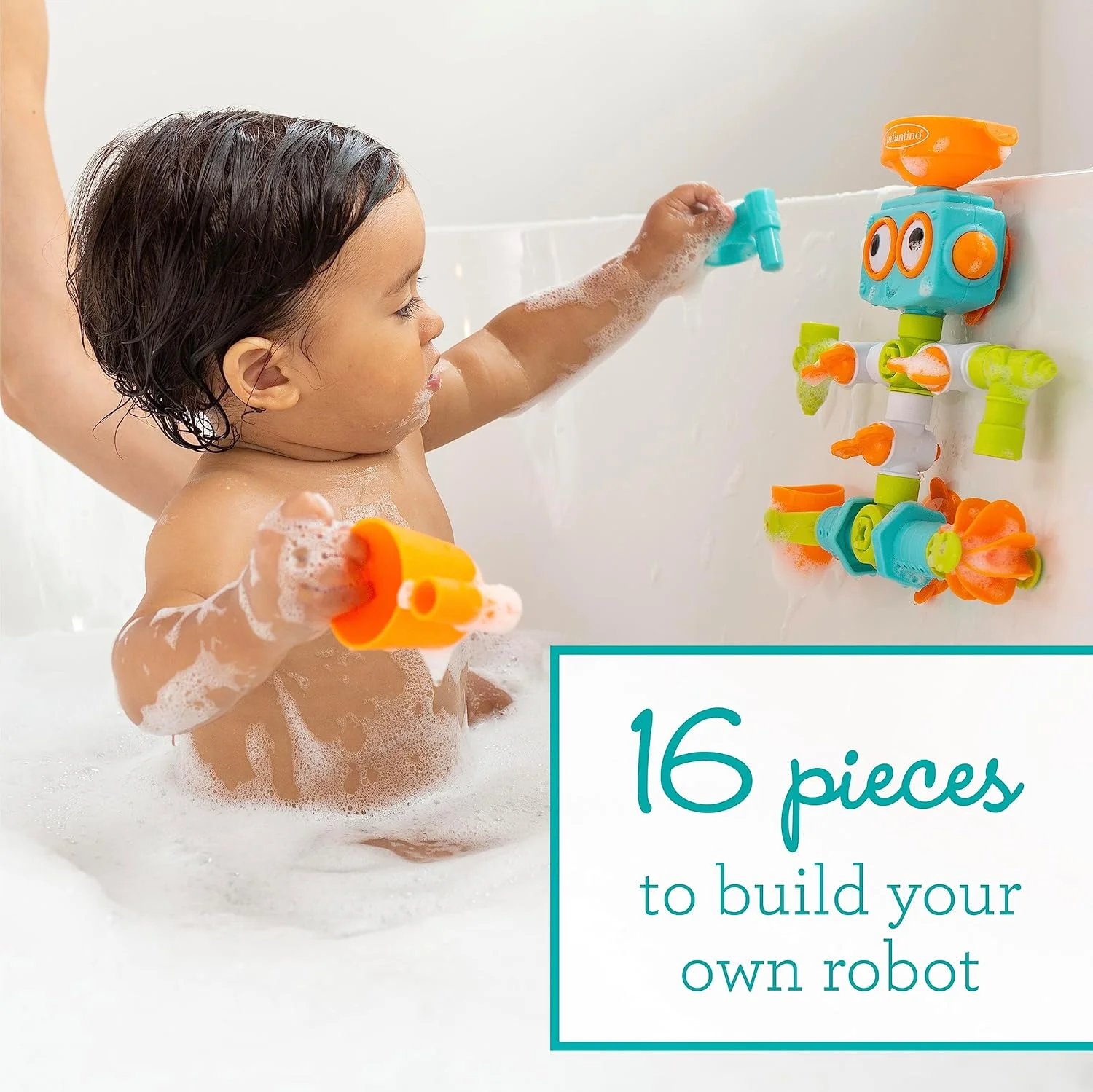 Infantino - مجموعه لوله کشی حسی Plug & Play - اسباب بازی ربات حمام 16 تکه برای اکتشاف حسی و یادگیری علت و معلول