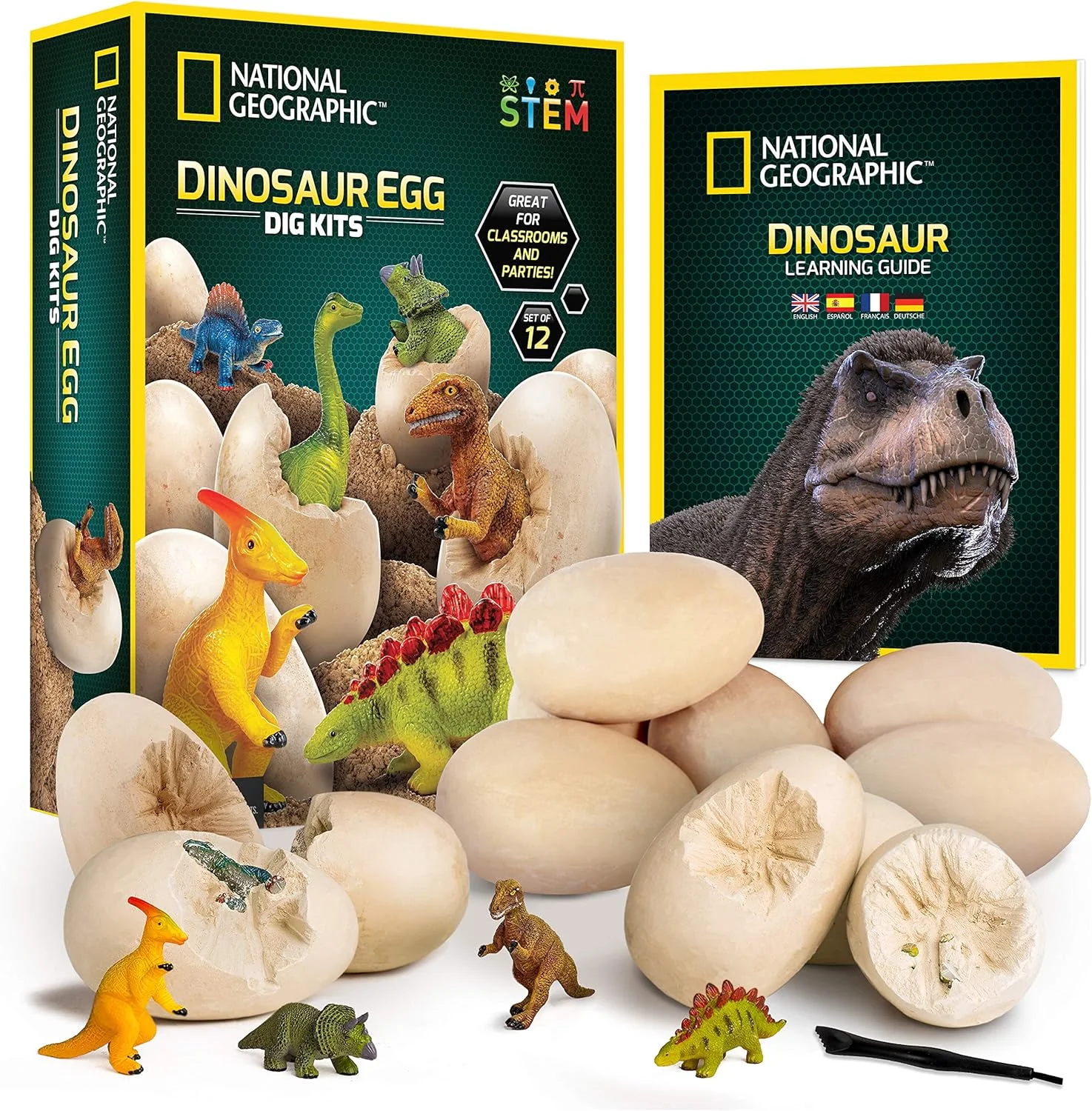 مجموعه کاوش فسیل دایناسور نشنال جئوگرافیک - ۱۲ آجر حفاری به شکل دایناسور با فیگورهای دایناسور در داخل و مجموعه ابزار حفاری، فعالیت شکار تخم مرغ یا مهمانی حفاری، اسباب بازی عالی STEM برای پسران و دختران