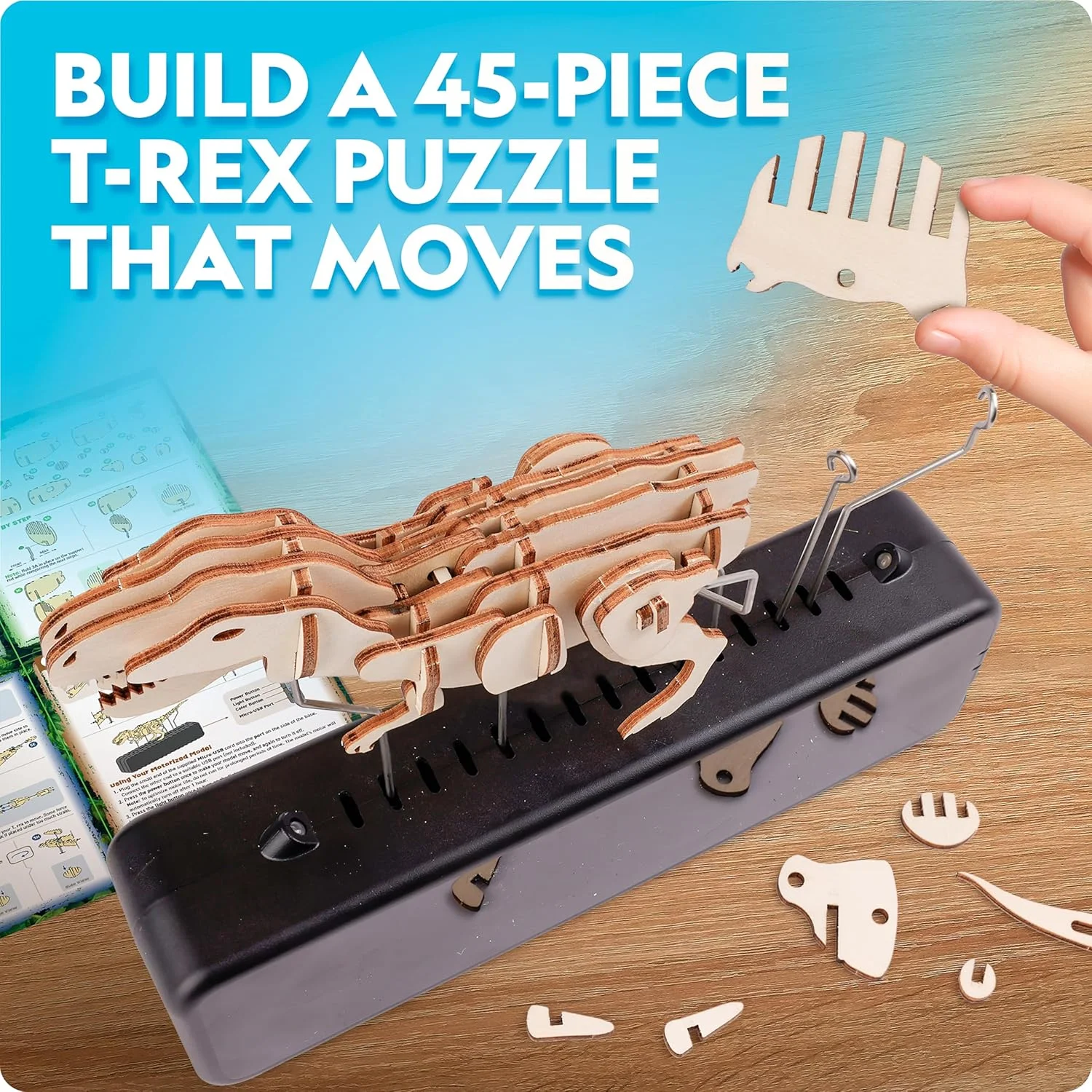 پازل سه بعدی T.REX متحرک جغرافیای ملی Blue Marble - کیت مدل چوبی سه بعدی 50+ تکه با پایه نمایشگر متحرک روشن شونده با 8 تنظیمات نور، پازل های سه بعدی برای کودکان، پازل حیوانات چوبی، اسباب بازی T.Rex