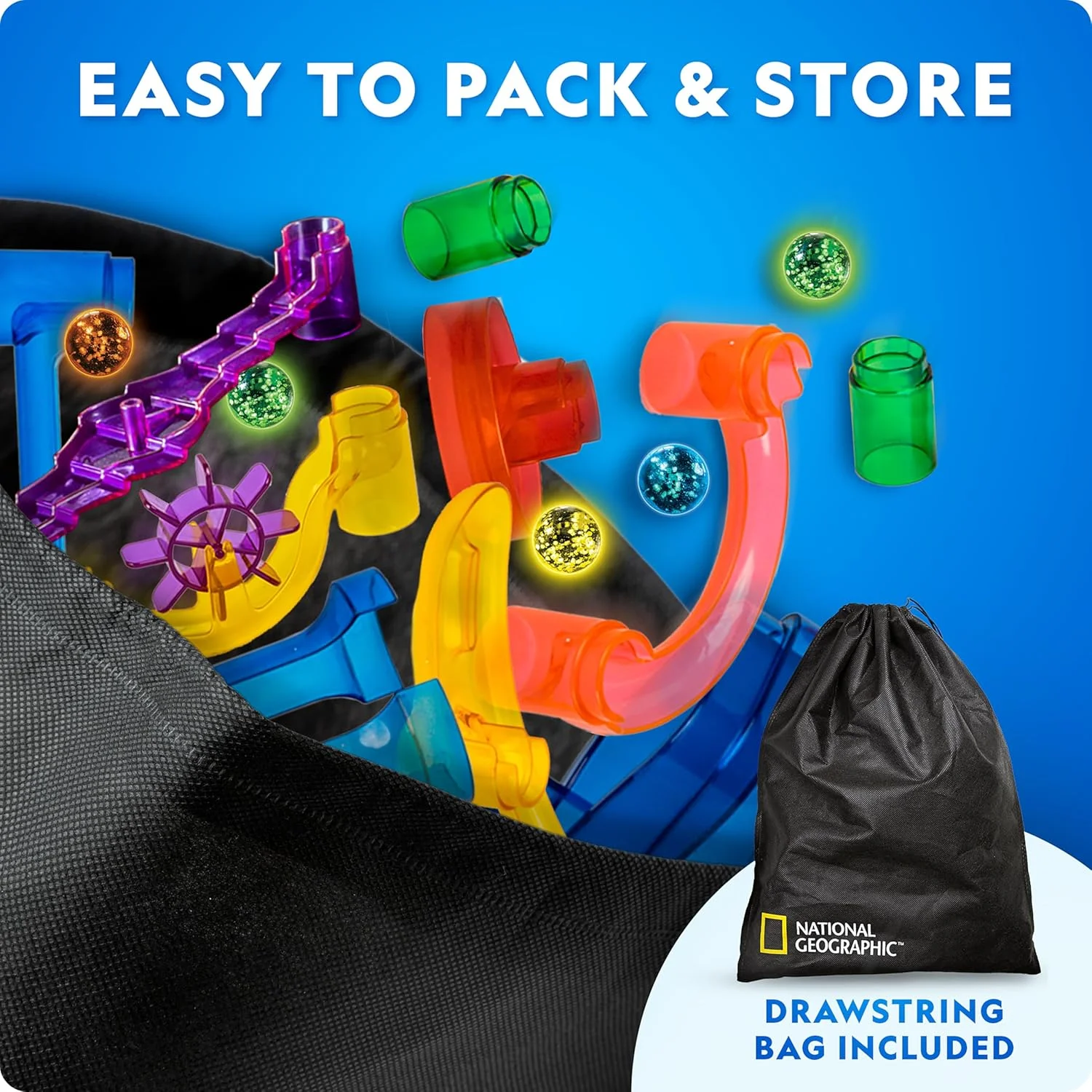 مسیر گوی درخشان نشنال جئوگرافیک – مجموعه ساختنی 250 قطعه ای با 50 گوی شیشه ای شب تاب و کیف نگهداری، هدیه STEM برای پسران و دختران، اسباب بازی پروژه ساختمانی (اختصاصی آمازون)