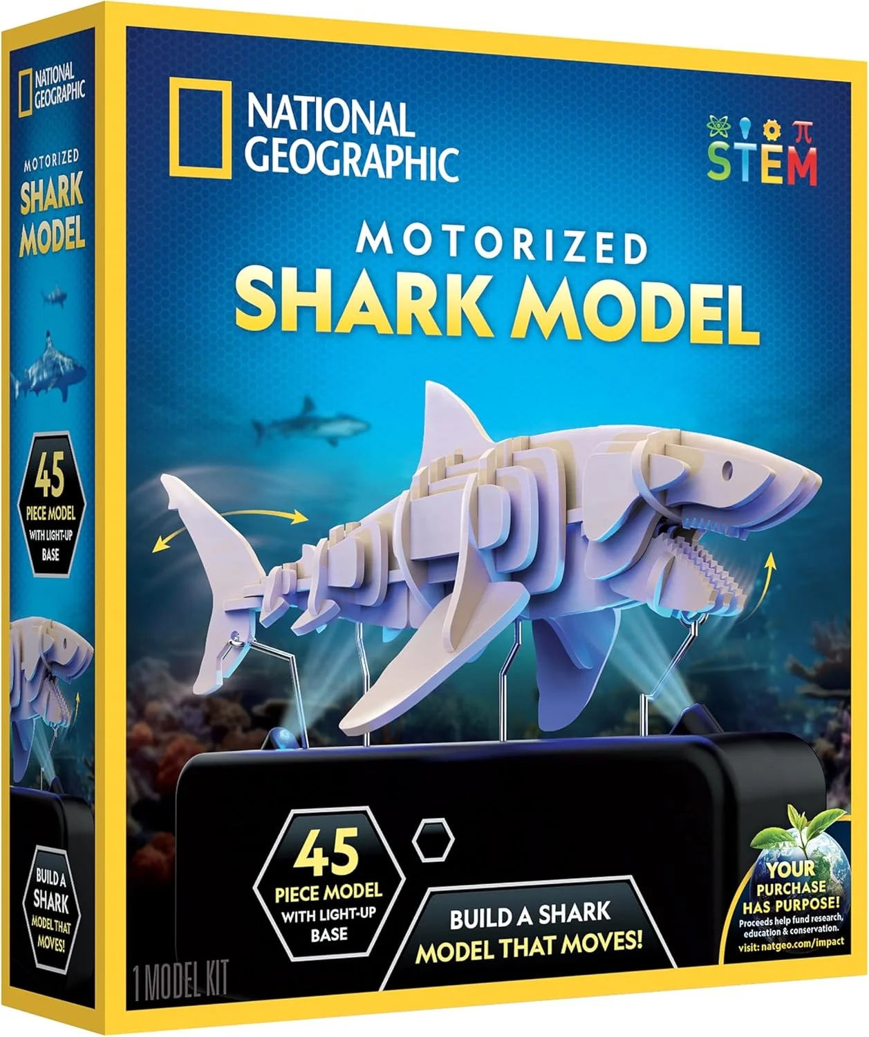 پازل سه بعدی کوسه متحرک نشنال جئوگرافیک - مدل چوبی سه بعدی 45 تکه با پایه نمایشگر متحرک روشن شونده با 8 تنظیمات نور، پازل های سه بعدی برای کودکان، پازل حیوانات چوبی، اسباب بازی کوسه