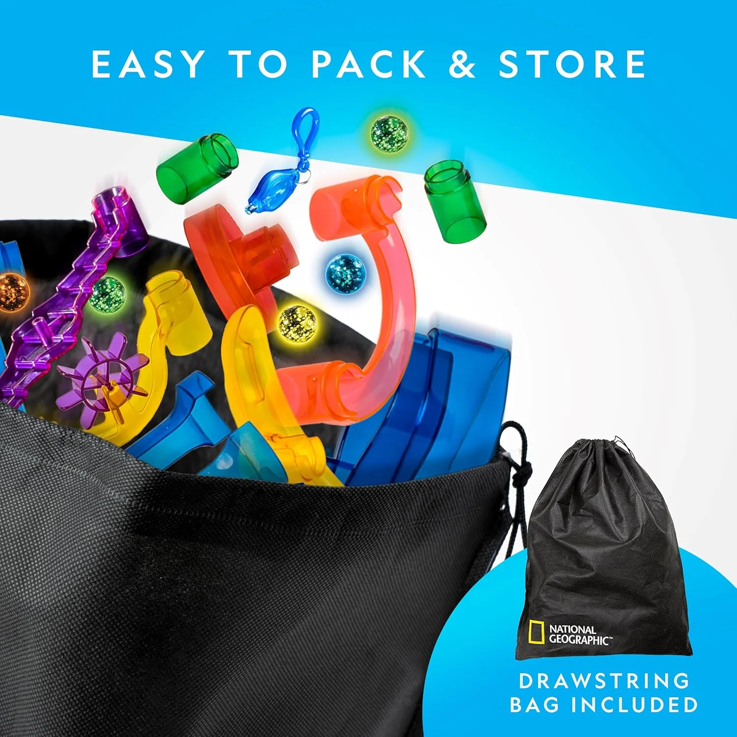 مسیر گوی درخشان نشنال جئوگرافیک – مجموعه ساختنی 115 قطعه ای با 25 گوی شیشه ای شب تاب، کیف نگهداری، اسباب بازی خلاقانه STEM عالی برای دختران و پسران