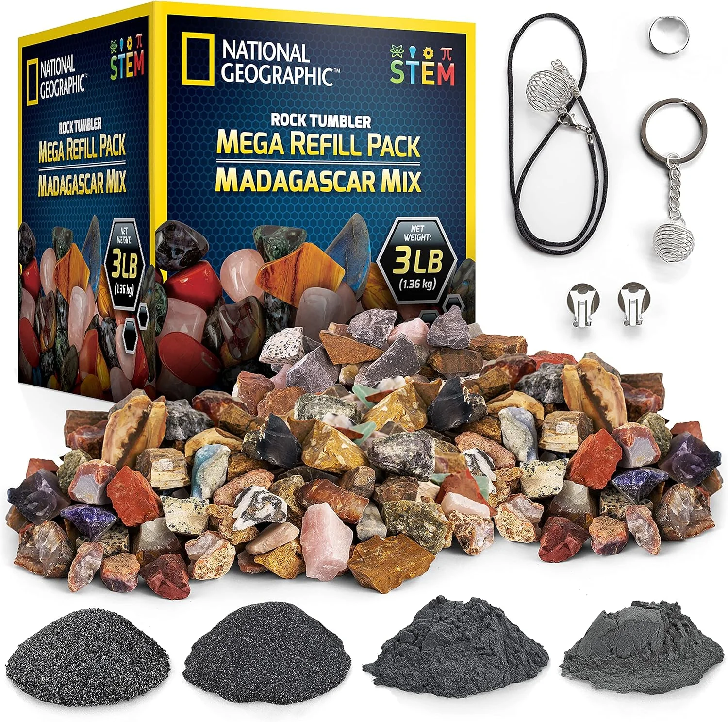 کیت شارژ مجدد سنگ‌ساب نشنال جئوگرافیک - 1.3 کیلوگرم سنگ‌های خشن ماداگاسکار برای صیقل دادن شامل جاسپر و کوارتز ناصیقل‌خورده - لوازم شامل گریت و لوازم جانبی جواهرات