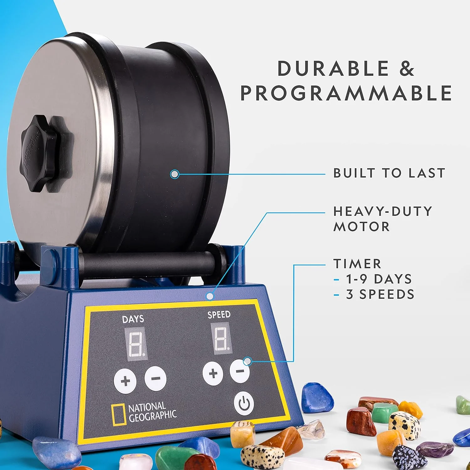 دستگاه پرداخت سنگ National Geographic با ظرفیت بزرگ 3 پوندی، 3 پوند سنگ قیمتی خام، 4 درجه زبری پولیش، اتصالات جواهرات، یک کیت علمی آموزشی STEM