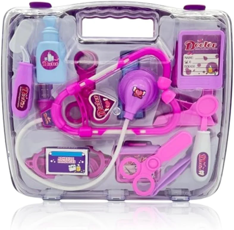مجموعه اسباب بازی پزشکی کودکانه باغ اسباب بازی - جعبه ابزار پزشکی قابل حمل برای کودکان با بازی خیالی، شبیه سازی پرستار و پزشک، چمدان کلینیک پزشکی قابل حمل، مجموعه بازی پازلی 14 تکه برای پسران و دختران (صورتی)
