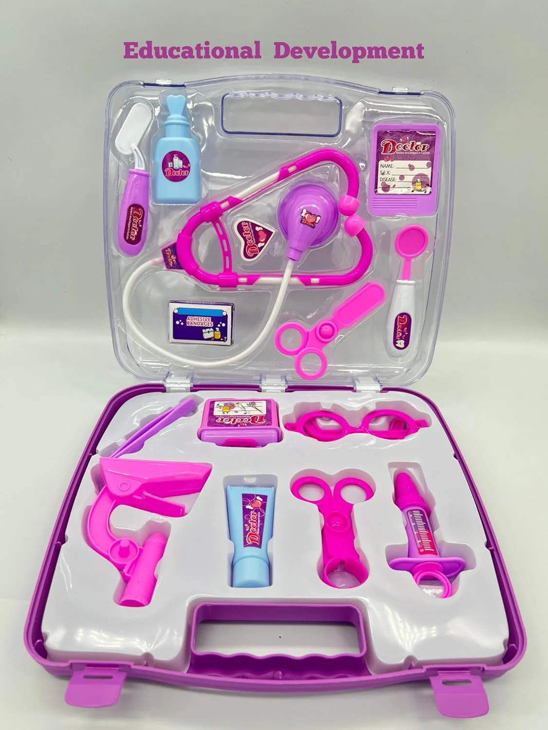 مجموعه اسباب بازی پزشکی کودکانه باغ اسباب بازی - جعبه ابزار پزشکی قابل حمل برای کودکان با بازی خیالی، شبیه سازی پرستار و پزشک، چمدان کلینیک پزشکی قابل حمل، مجموعه بازی پازلی 14 تکه برای پسران و دختران (صورتی)