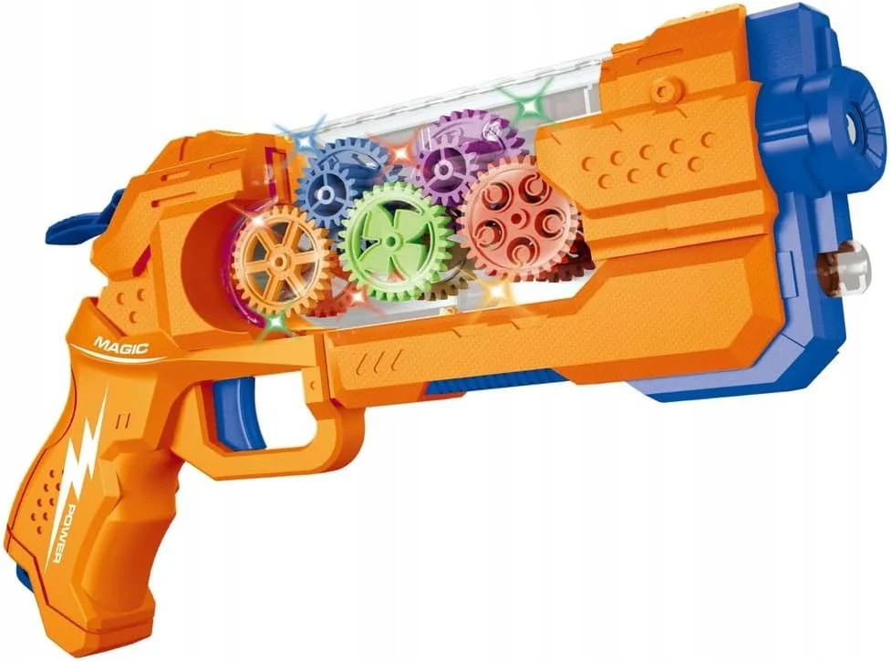 تفنگ اسباب بازی پروژکتور دنده ای شفاف الکتریکی توی گاردن - صدا و نور شبیه سازی شده، عملکرد دنده ای چشمک زن، طراحی دیدنی، با باتری کار می کند، اسباب بازی آموزشی برای کودکان