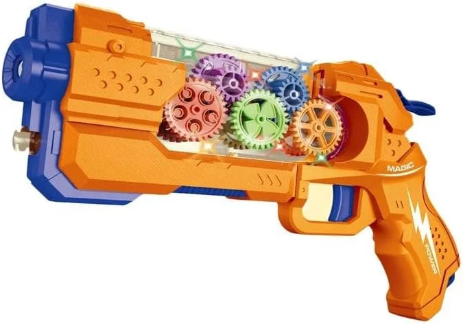 تفنگ اسباب بازی پروژکتور دنده ای شفاف الکتریکی توی گاردن - صدا و نور شبیه سازی شده، عملکرد دنده ای چشمک زن، طراحی دیدنی، با باتری کار می کند، اسباب بازی آموزشی برای کودکان
