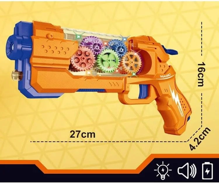 تفنگ اسباب بازی پروژکتور دنده ای شفاف الکتریکی توی گاردن - صدا و نور شبیه سازی شده، عملکرد دنده ای چشمک زن، طراحی دیدنی، با باتری کار می کند، اسباب بازی آموزشی برای کودکان
