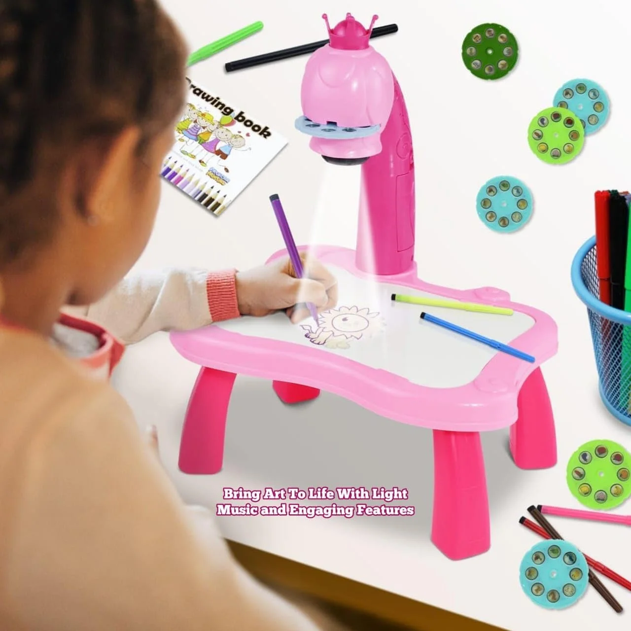میز پروژکتور نقاشی باغ اسباب بازی برای کودکان، میز نقاشی آموزشی با نور و موسیقی، اسکچ پروژکتور هوشمند، هدیه آموزشی برای پسران و دختران 3-8 سال (آبی)