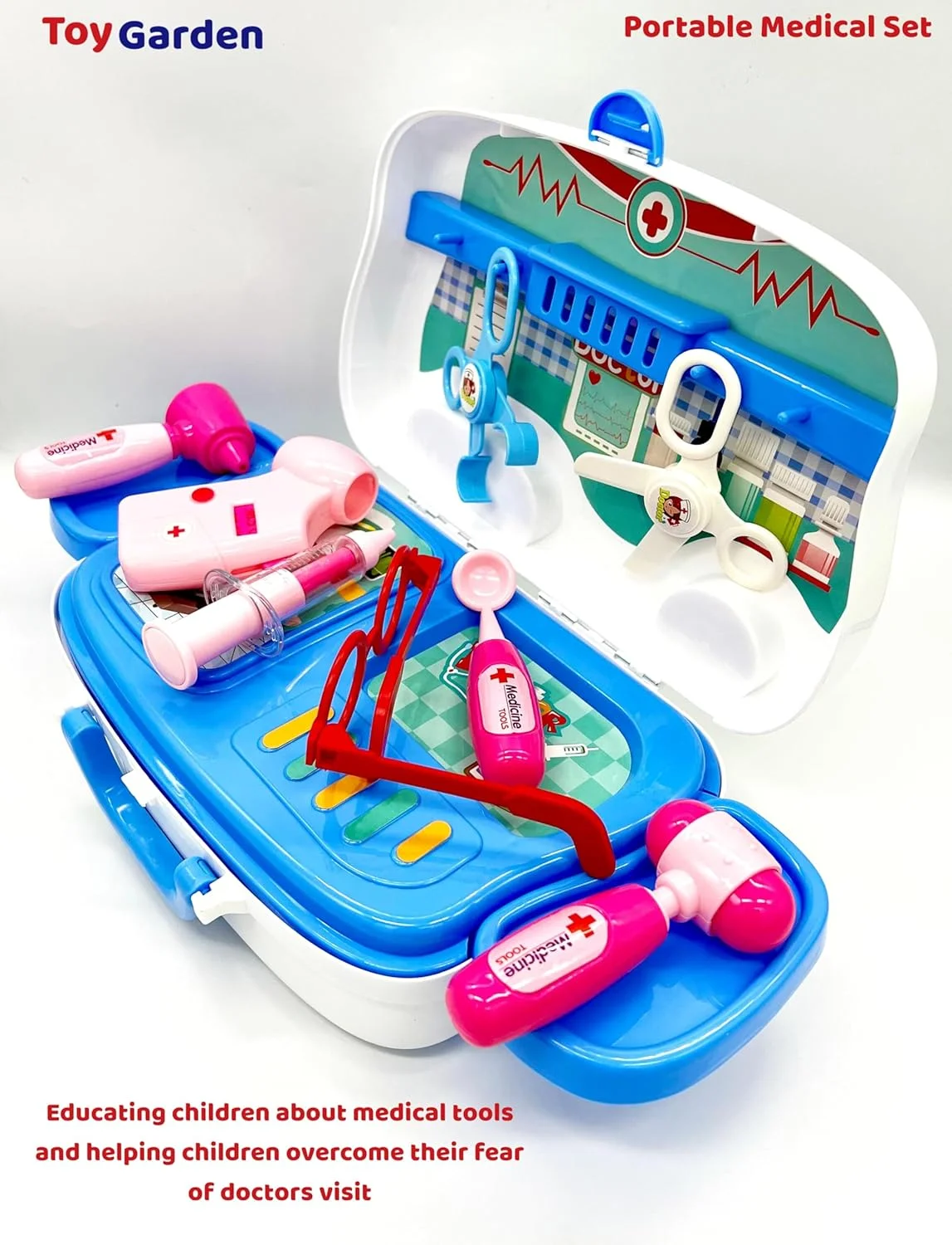 مجموعه اسباب بازی جعبه ابزار پزشکی باغ اسباب بازی برای کودکان: مجموعه پزشکی آموزشی با چمدان قابل حمل و ون پزشکی برای کودکان - چمدان کلینیک پزشکی قابل حمل
