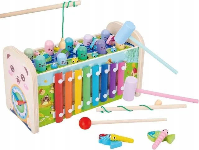جعبه اسباب بازی چوبی فعالیت 7 در 1 برای کودکان با بازی ماهیگیری، ساعت آموزشی، زیلوفون، مارپیچ کشویی، پازل چیدنی، جعبه بازی حسی و تقویت مهارت های حرکتی، چند رنگ