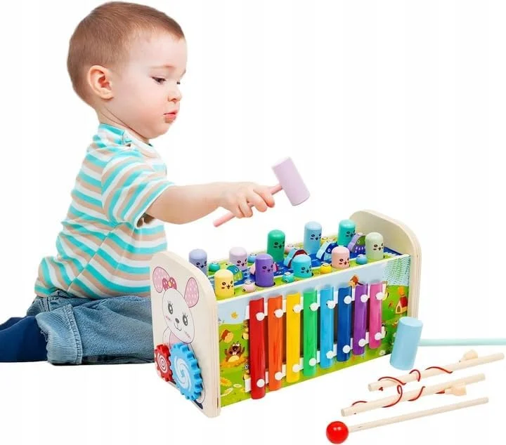 جعبه اسباب بازی چوبی فعالیت 7 در 1 برای کودکان با بازی ماهیگیری، ساعت آموزشی، زیلوفون، مارپیچ کشویی، پازل چیدنی، جعبه بازی حسی و تقویت مهارت های حرکتی، چند رنگ