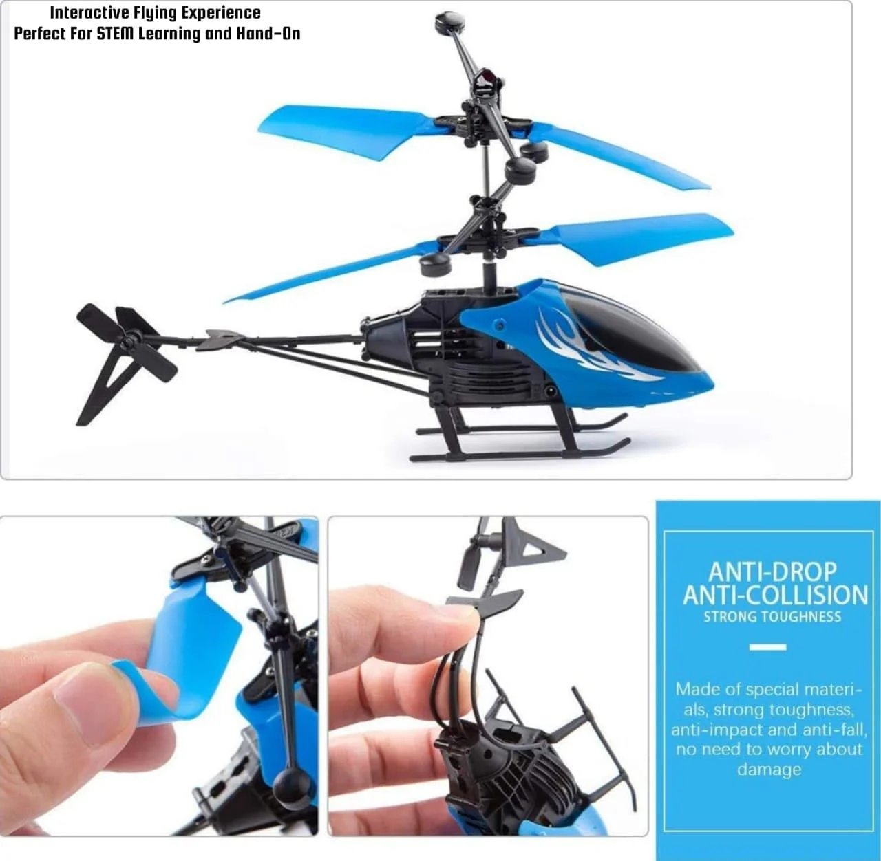 هلیکوپتر کنترلی اسباب بازی باغ اسباب بازی، هدیه آموزشی برای کودکان و بزرگسالان، هلیکوپتر پرنده شارژی با سنسور، چراغ های LED سه بعدی، بازی ماجراجویی داخلی و خارجی، کنترل دو حالته (آبی)