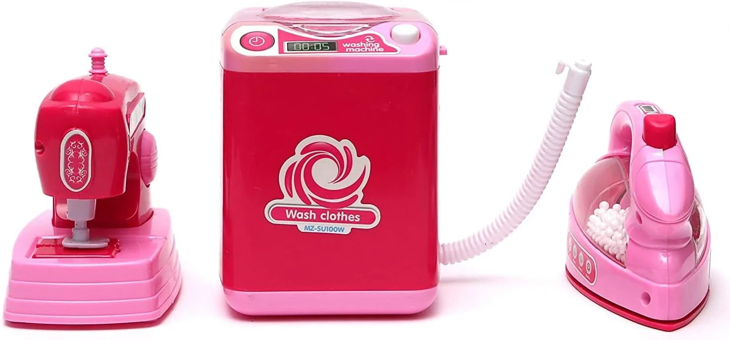 مجموعه اسباب بازی لوازم خانگی کوچک باغ اسباب بازی - اتو، ماشین لباسشویی و چرخ خیاطی برای بازی نقش آفرینی کودکان و سرگرمی تمیزکاری خیالی، اسباب بازی آموزشی برای بازی تخیلی