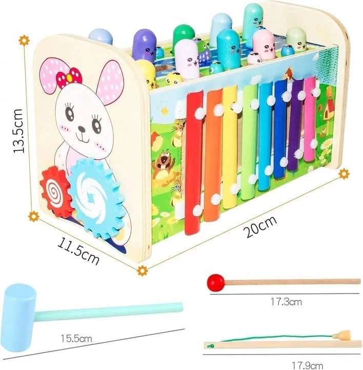 جعبه اسباب بازی چوبی فعالیت 7 در 1 برای کودکان با بازی ماهیگیری، ساعت آموزشی، زیلوفون، مارپیچ کشویی، پازل چیدنی، جعبه بازی حسی و تقویت مهارت های حرکتی، چند رنگ