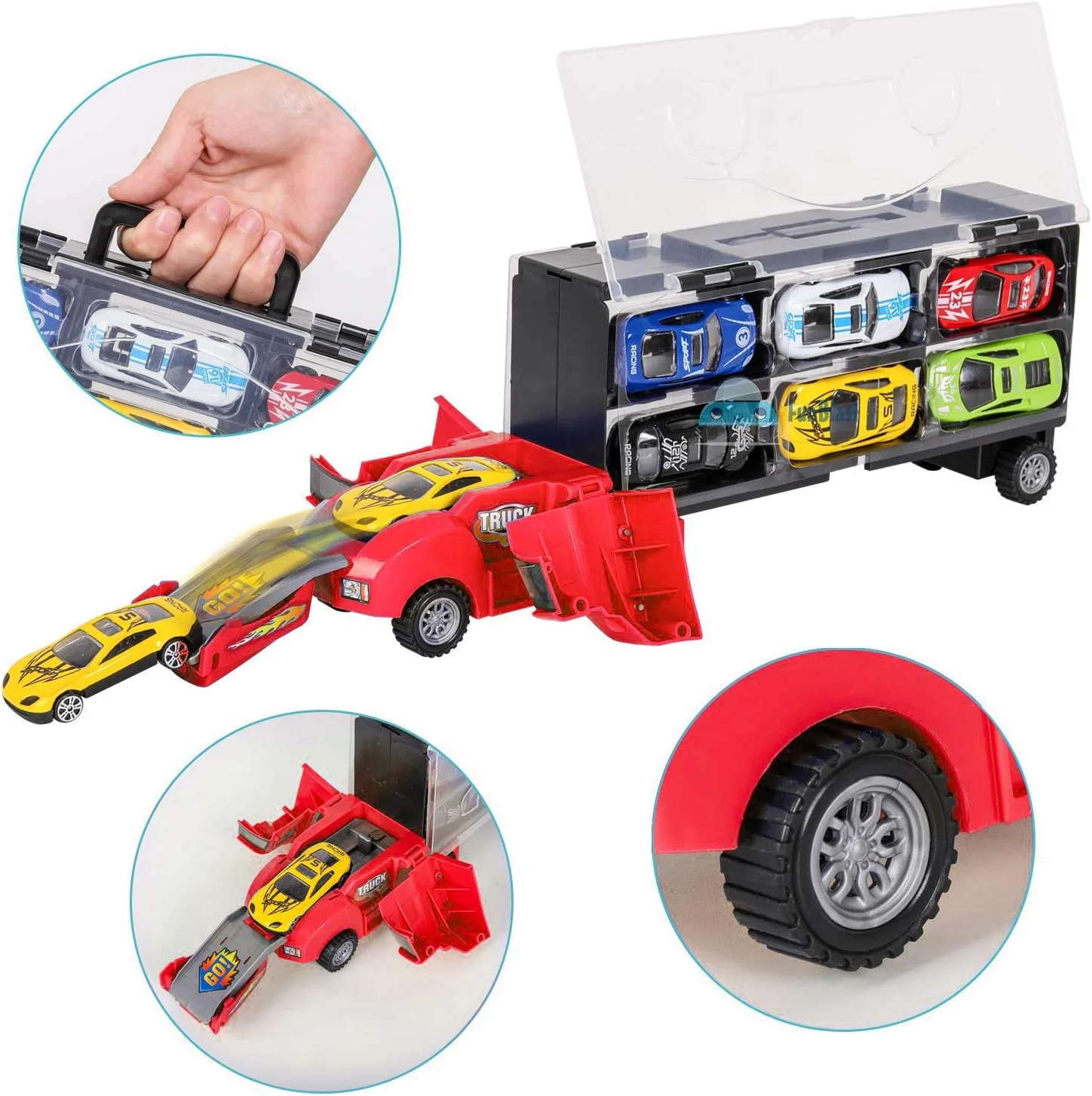 مجموعه بازی کامیون حمل ماشین اسباب بازی TOY GARDEN – کامیون حمل کننده با 6 ماشین اسباب بازی کوچک و لوازم جانبی، ذخیره سازی قابل حمل، سرگرمی آموزشی برای کودکان 3 تا 10 سال