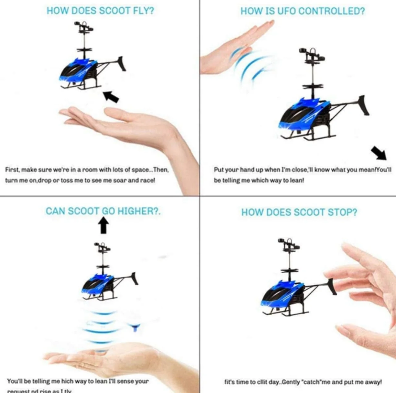 هلیکوپتر کنترلی اسباب بازی باغ اسباب بازی، هدیه آموزشی برای کودکان و بزرگسالان، هلیکوپتر پرنده شارژی با سنسور، چراغ های LED سه بعدی، بازی ماجراجویی داخلی و خارجی، کنترل دو حالته (آبی)