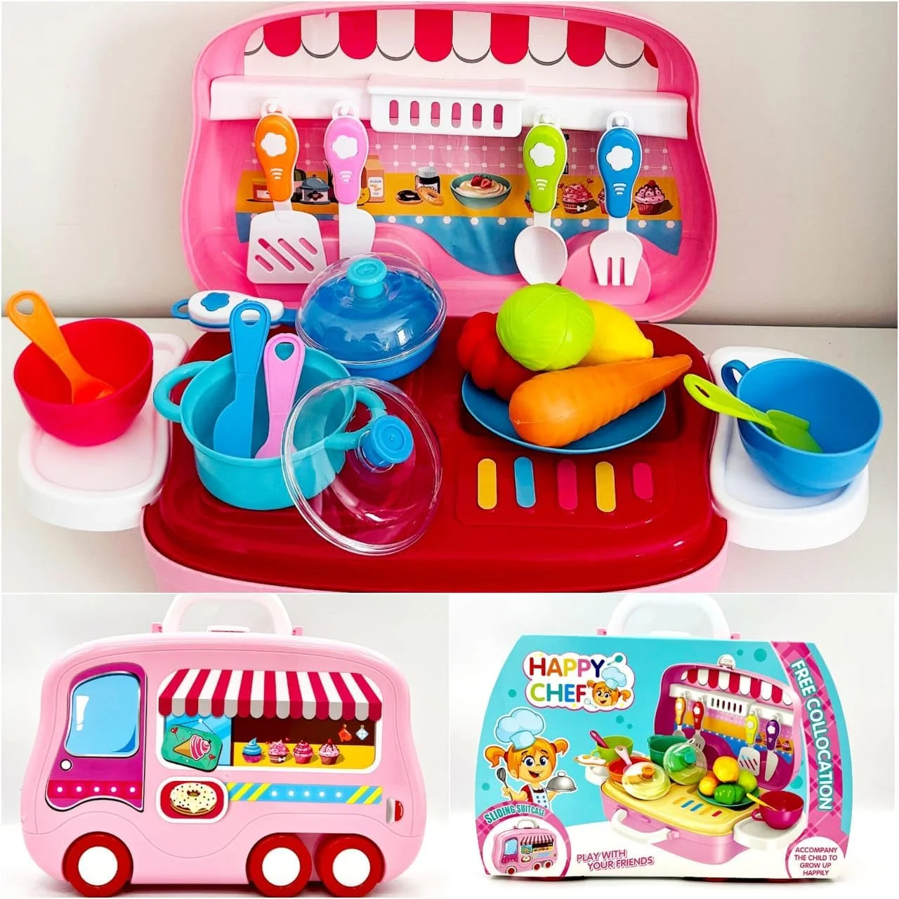 مجموعه آشپزخانه کوچک قابل حمل باغ اسباب بازی: اسباب بازی های آموزشی بازی وانمودی آشپزی برای کودکان در چمدان با چنگال، چاقو، قاشق، تابه، قابلمه، میوه ها، فنجان ها و موارد دیگر - بازی نقش آفرینی تعاملی برای کودکان