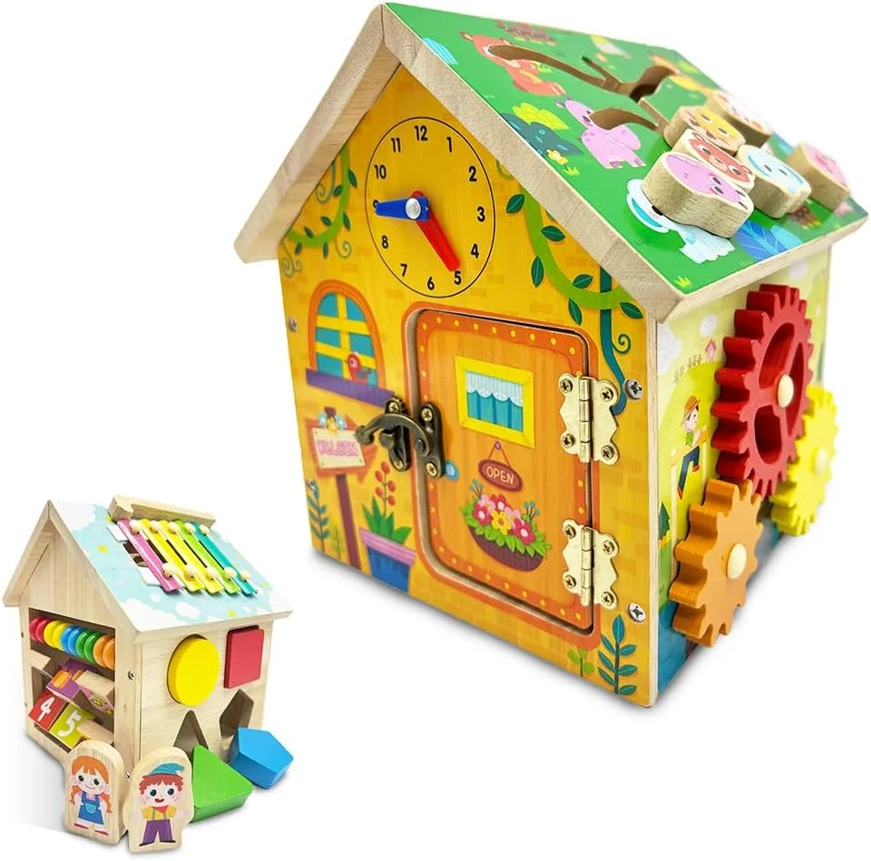 خانه اسباب بازی پرمشغله باغ اسباب بازی 8 در 1 اسباب بازی آموزشی چوبی مونته سوری هدیه ای برای کودکان، پسران و دختران، فعالیت یادگیری STEM اشکال با پازل ها، مرتب سازی شکل، تشخیص رنگ
