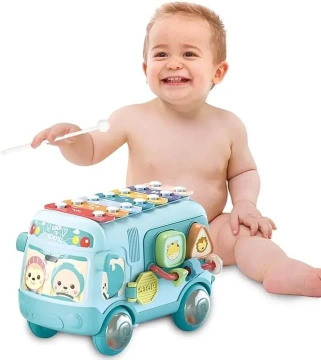 اتوبوس مدرسه هوشمند باغ اسباب بازی، ساز موسیقی آموزشی - اسباب بازی کودک با پیانوی ضربی، شکل اتوبوس، یادگیری موسیقی و توسعه هماهنگی چشم و دست