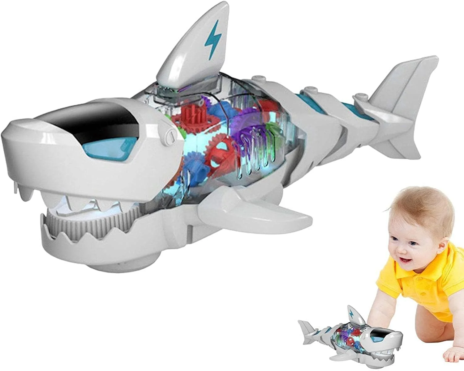 اسباب بازی کوسه برقی TOY GARDEN - دهان متحرک، چراغ های رنگارنگ و صدای موج، اسباب بازی دنده ای حیوانات دریایی برای کودکان نوپا، جلوه دنده ای شفاف، بازی ایمن و آموزشی