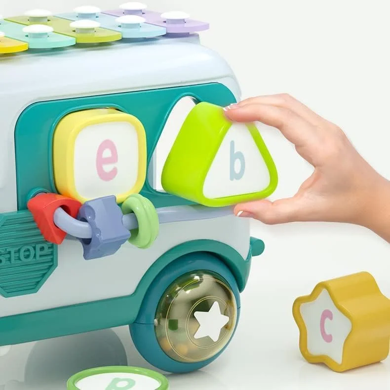 اتوبوس مدرسه هوشمند باغ اسباب بازی، ساز موسیقی آموزشی - اسباب بازی کودک با پیانوی ضربی، شکل اتوبوس، یادگیری موسیقی و توسعه هماهنگی چشم و دست