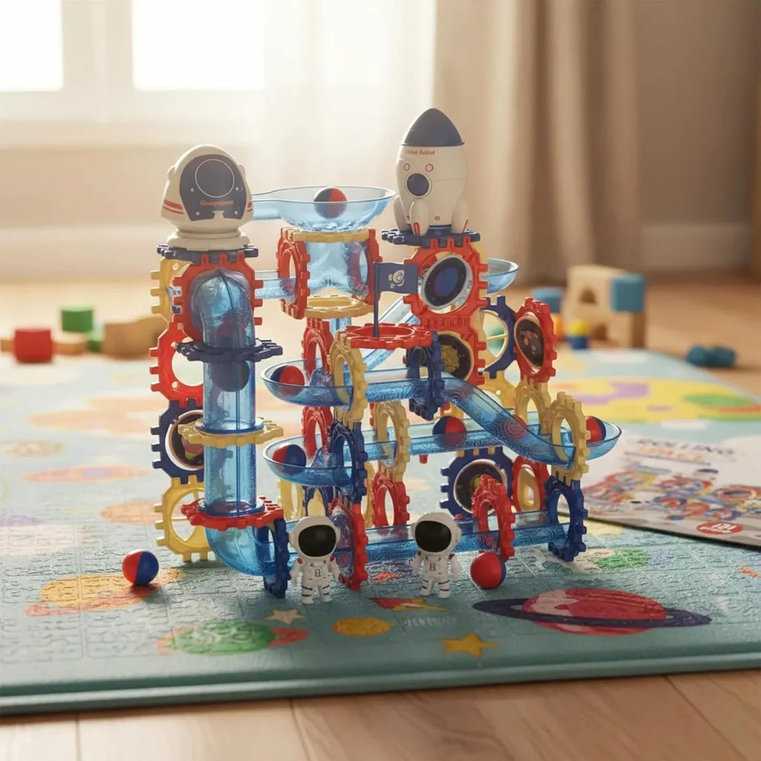 مجموعه بلوک های ساختنی مسیر گوی 131 قطعه ای باغ اسباب بازی - کیت ساخت مسیر مسابقه توپ غلتان، اسباب بازی آموزشی بازی هزارتوی مسیر کشویی STEM برای پسران و دختران