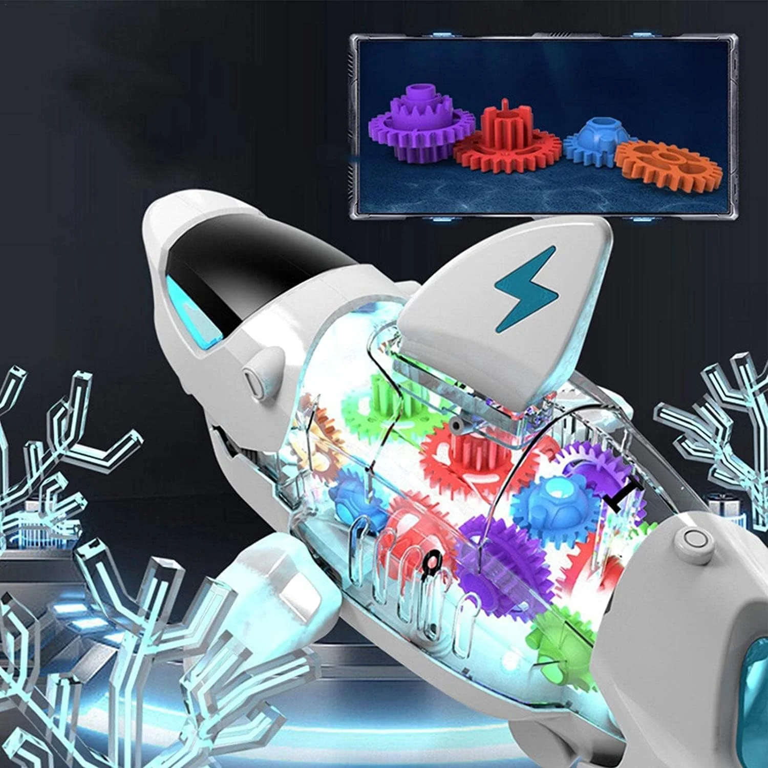 اسباب بازی کوسه برقی TOY GARDEN - دهان متحرک، چراغ های رنگارنگ و صدای موج، اسباب بازی دنده ای حیوانات دریایی برای کودکان نوپا، جلوه دنده ای شفاف، بازی ایمن و آموزشی