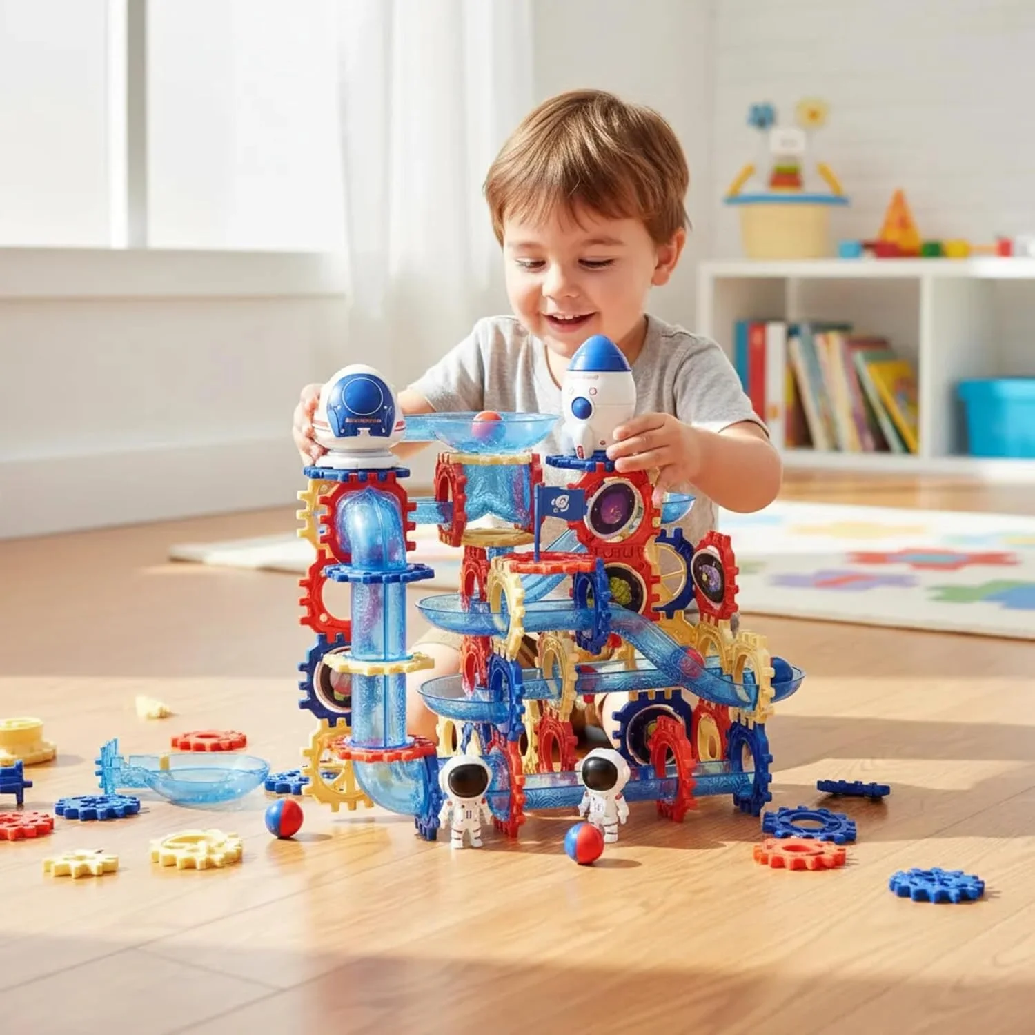 مجموعه بلوک های ساختنی مسیر گوی 131 قطعه ای باغ اسباب بازی - کیت ساخت مسیر مسابقه توپ غلتان، اسباب بازی آموزشی بازی هزارتوی مسیر کشویی STEM برای پسران و دختران