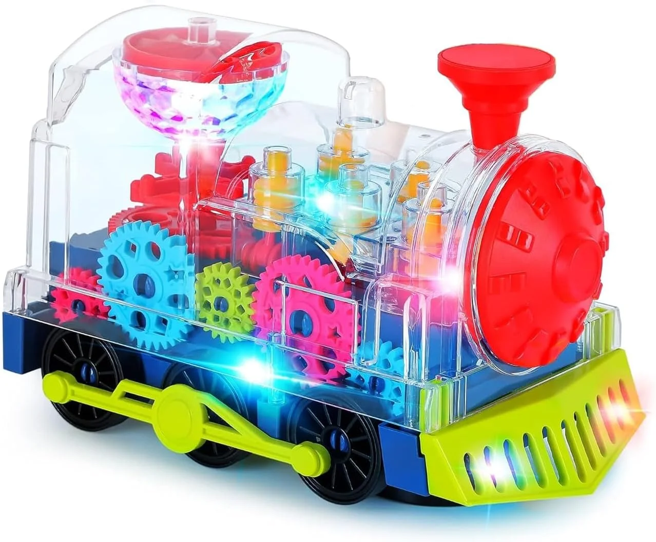 اسباب بازی قطار دنده ای چراغ دار TOY GARDEN - قطار برقی شفاف با دنده های چرخشی، چراغ های چشمک زن، موسیقی و صدا - اسباب بازی لوکوموتیو برای کودکان، هدیه آموزشی، اسباب بازی مکانیکی متحرک