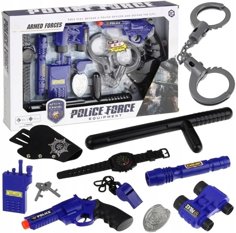 مجموعه اسباب بازی نقش آفرینی پلیس برای کودکان – تفنگ اسباب بازی، دستبند، باتوم، نشان، دوربین شکاری، بیسیم، سوت، چراغ قوه و لوازم جانبی