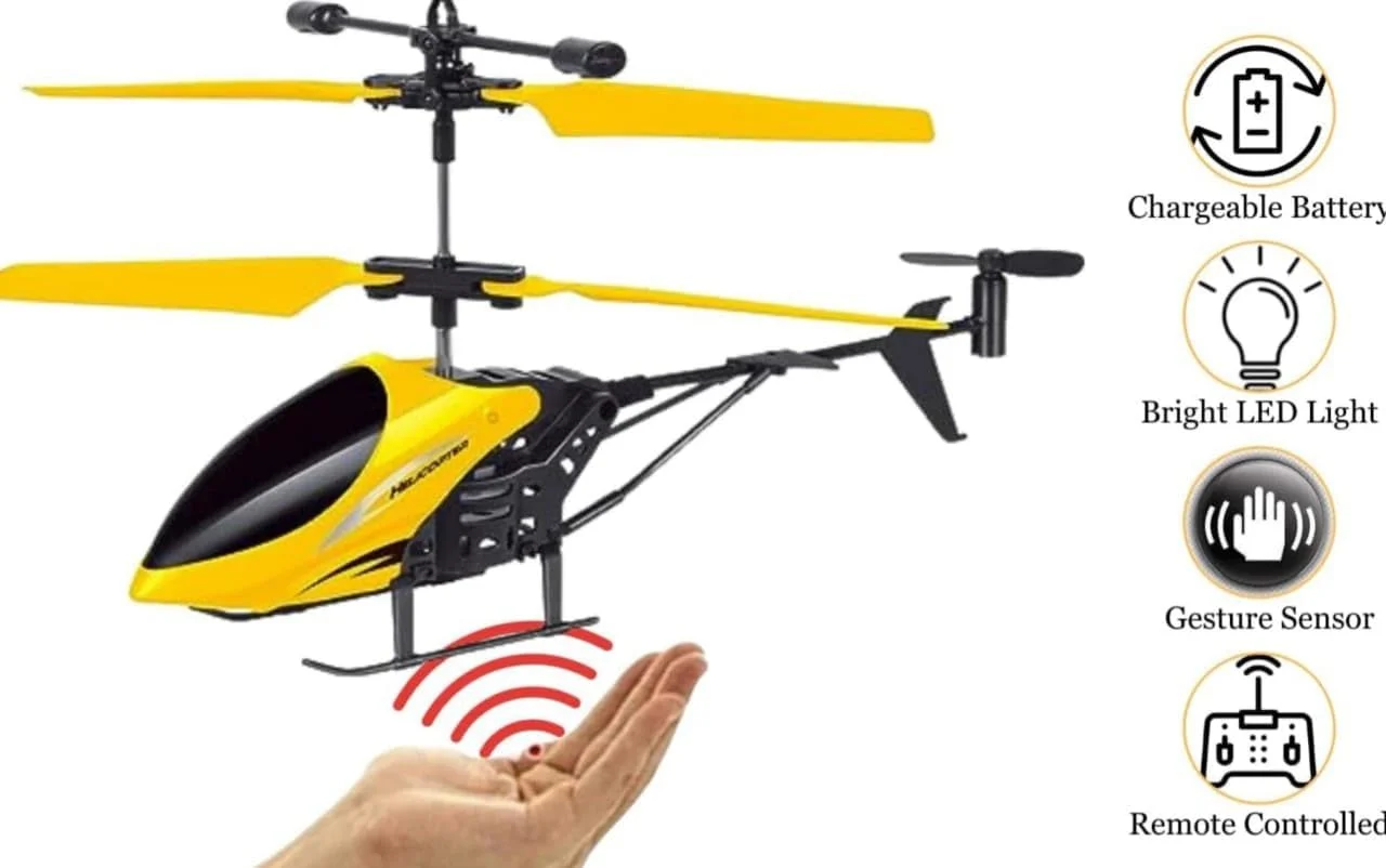هلیکوپتر کنترلی اسباب بازی باغ اسباب بازی، هدیه آموزشی برای کودکان و بزرگسالان، هلیکوپتر پرنده شارژی با سنسور، چراغ های LED سه بعدی، بازی ماجراجویی داخلی و خارجی، کنترل دو حالته (زرد)