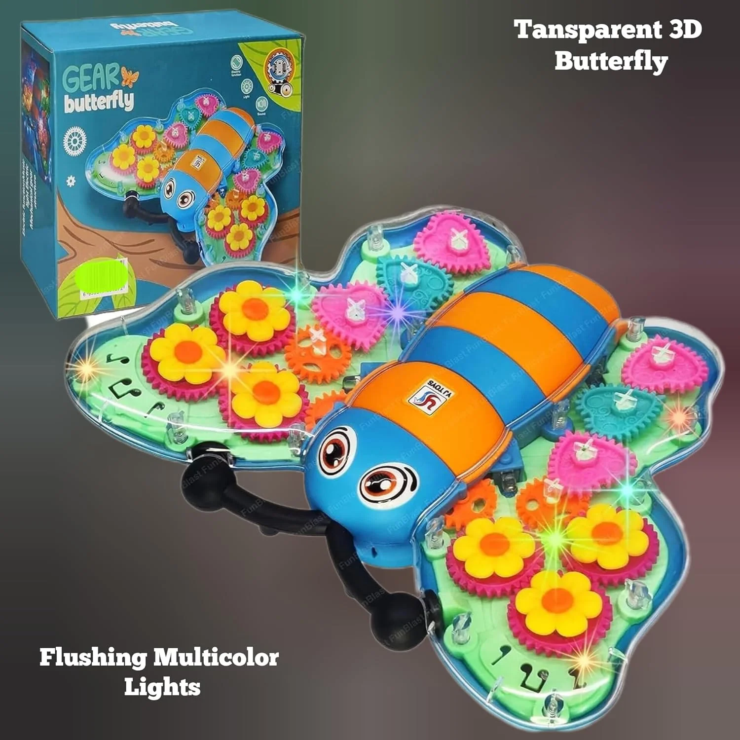 اسباب بازی پروانه دنده ای سه بعدی شفاف Toy Garden - پروانه مکانیکی چرخان 360 درجه با صدا، چراغ ها و شبیه سازی دنده ای چشمک زن برای کودکان - ماشین اسباب بازی پروانه ای چند رنگ بادوام