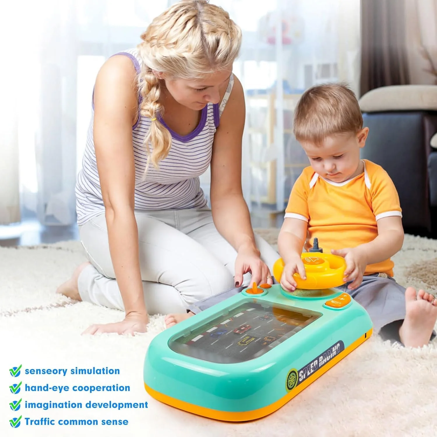 اسباب بازی فرمان مسابقه ای ماشین کودک باغ اسباب بازی با چراغ، موسیقی و صداهای شبیه ساز رانندگی تعاملی آموزشی برای بازی خیالی پسران و دختران 3 سال به بالا (فرمان-زرد)