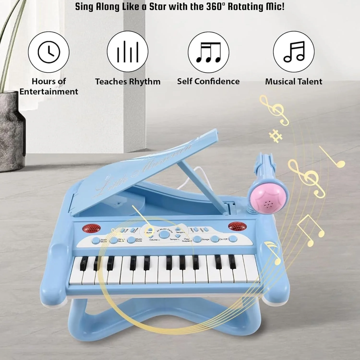 پیانوی چندکاره شادی باغ اسباب بازی با 2 پایه، 1 میکروفون و جک، اسباب بازی آموزشی تعاملی موسیقی برای پسران و دختران 3 سال به بالا (آبی)