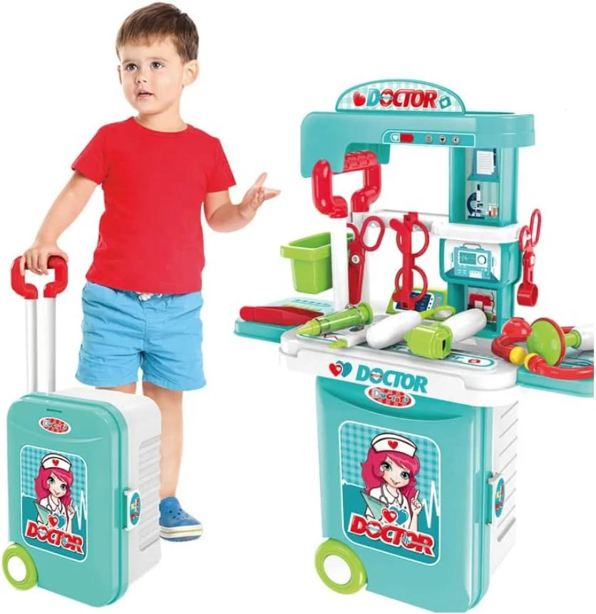 مجموعه اسباب بازی های وانمودی باغ اسباب بازی، مرکز چمدان کوچک دکتر 3 در 1 - ترالی دکتر، کیت پزشکی و مرکز چمدان، ست بازی نقش آفرینی قابل حمل، هدیه آموزشی برای کودکان، ایمن و بادوام