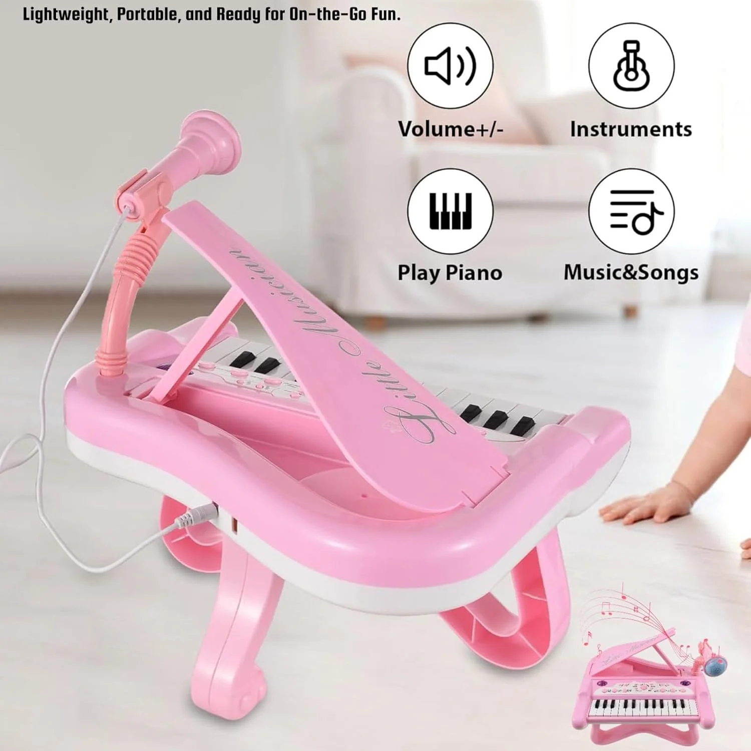 پیانو چندکاره شادی کودک TOY GARDEN همراه با 2 پایه، 1 میکروفون و جک - اسباب بازی آموزشی و سرگرم کننده تعاملی برای پسران و دختران 3 سال به بالا (صورتی)