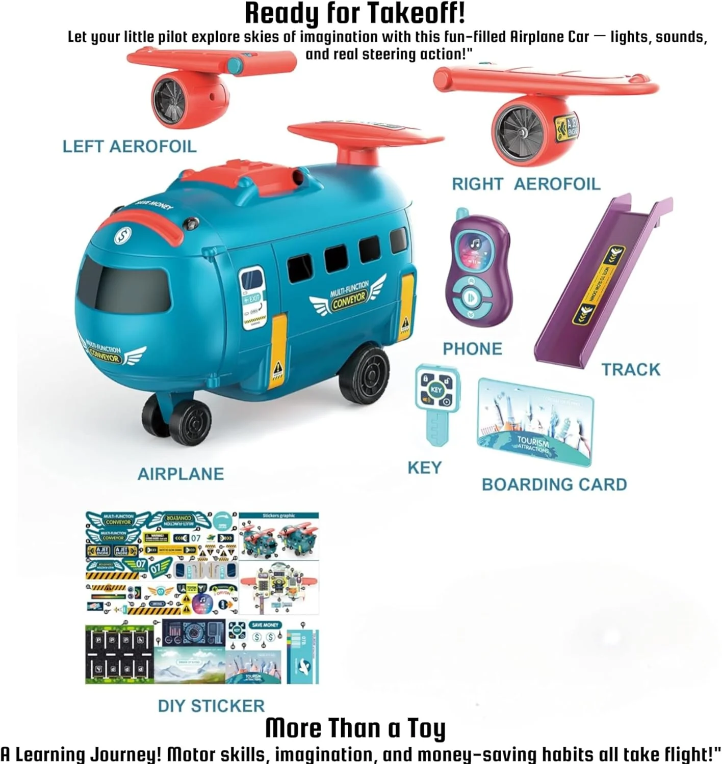 هواپیمای اسباب بازی چند منظوره TOY GARDEN برای کودکان با چراغ ها، موسیقی، چرخ های چرخان، عملکرد عقب کشیدنی، مجموعه بازی آموزشی برای پسران و دختران 3 سال به بالا، هواپیمای اسباب بازی تعاملی (آبی)
