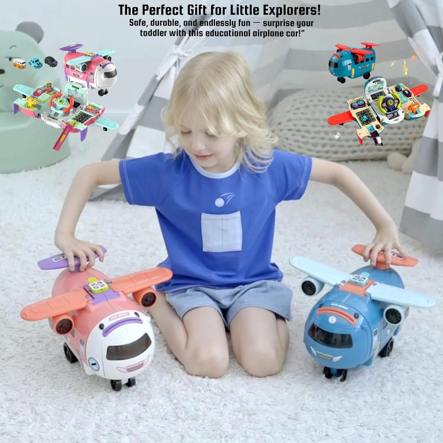 هواپیمای اسباب بازی چند منظوره TOY GARDEN برای کودکان با چراغ ها، موسیقی، چرخ های چرخان، عملکرد عقب کشیدنی، مجموعه بازی آموزشی برای پسران و دختران 3 سال به بالا، هواپیمای اسباب بازی تعاملی (آبی)