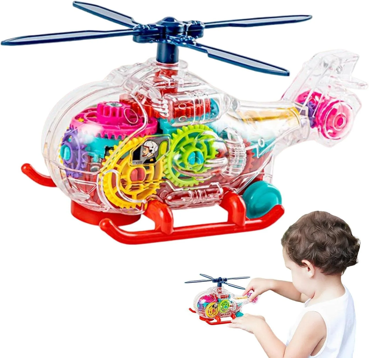 هلیکوپتر دنده ای شفاف اسباب بازی TOY GARDEN برای کودکان | وسیله نقلیه اسباب بازی موتوری روشن با دنده های چرخشی، موسیقی، چراغ های رنگارنگ و حرکت Bump and Go | اسباب بازی با باتری برای کودکان 3+