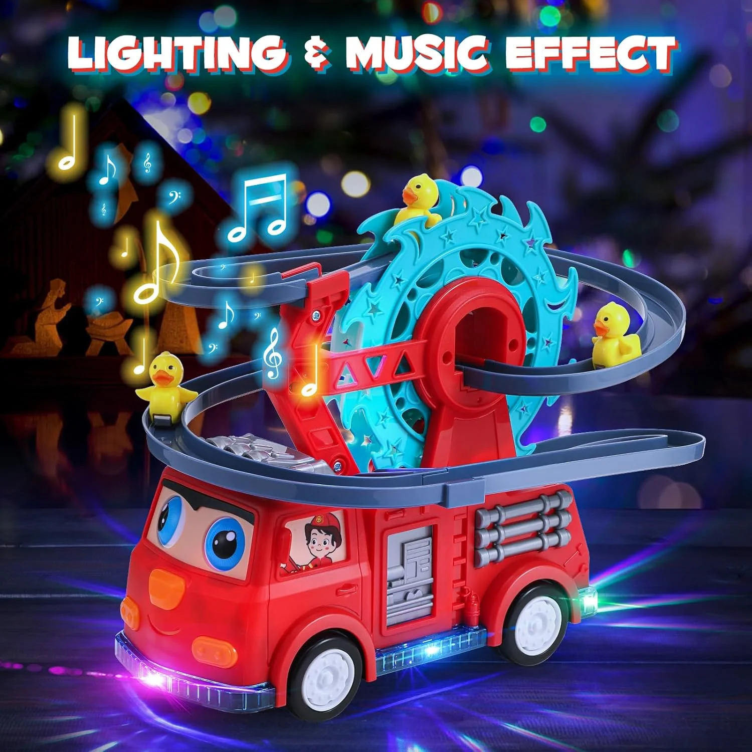 مجموعه پیست مسابقه کارتونی جوجه اردک های بامزه اتوماتیک TOY GARDEN - اسباب بازی پله برقی سرسره چرخشی اردک ماشین ریلی آتش نشانی، با نور و موسیقی، هدیه تعاملی برای کودکان