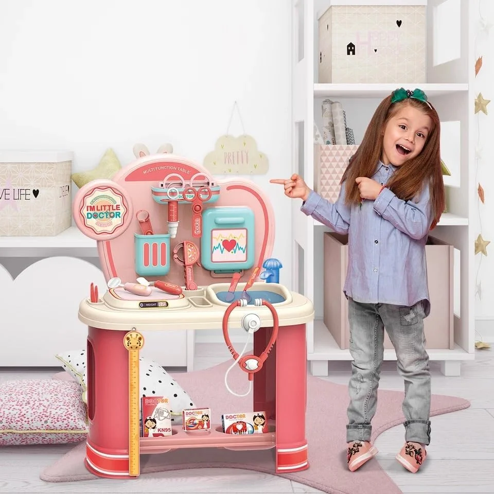 مجموعه میز بازی دکتر کودک TOY GARDEN - ایستگاه درمان چند منظوره صورتی با ابزار پزشکی، اسباب بازی نقش آفرینی آموزشی، گوشی پزشکی و سرنگ، هدیه برای پسران و دختران