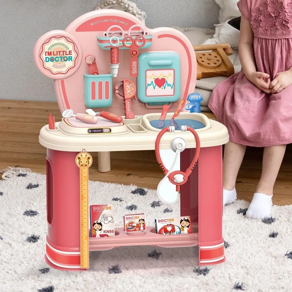 مجموعه میز بازی دکتر کودک TOY GARDEN - ایستگاه درمان چند منظوره صورتی با ابزار پزشکی، اسباب بازی نقش آفرینی آموزشی، گوشی پزشکی و سرنگ، هدیه برای پسران و دختران