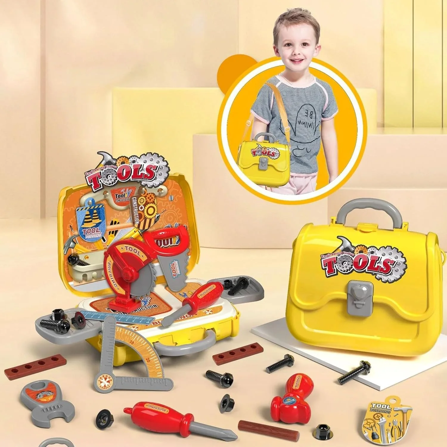 مجموعه ابزار اسباب بازی کودکان TOY GARDEN - مجموعه بازی 36 تکه به همراه کیف حمل و بند - هدیه تولد برای پسران نوپا - ساختار پلاستیکی بادوام - زرد