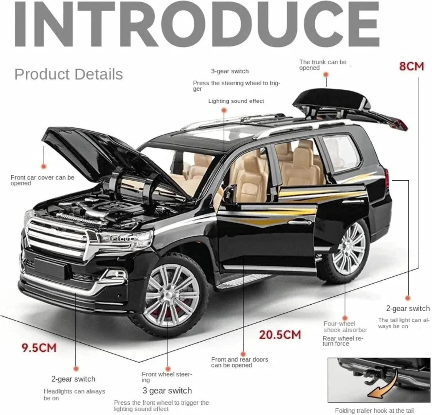 مدل ماشین اسباب بازی شاسی بلند فلزی، مقیاس 1:24، عقب کش، صدا و نور واقعی، ماشین اسباب بازی فلزی بادوام، مدل کلکسیونی، هدیه آموزشی ایمن برای کودکان و کلکسیونرها - مشکی