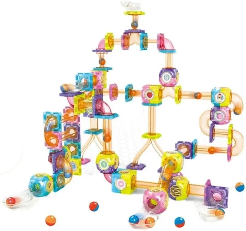 مجموعه بازی بلوک های مغناطیسی باغ اسباب بازی با توپ غلطان - مجموعه 89 قطعه ای ساختنی STEM با لوله های رنگارنگ، مکعب های مغناطیسی و توپ برای یادگیری ساخت و ساز، توسعه مهارت های حرکتی و حل مسئله