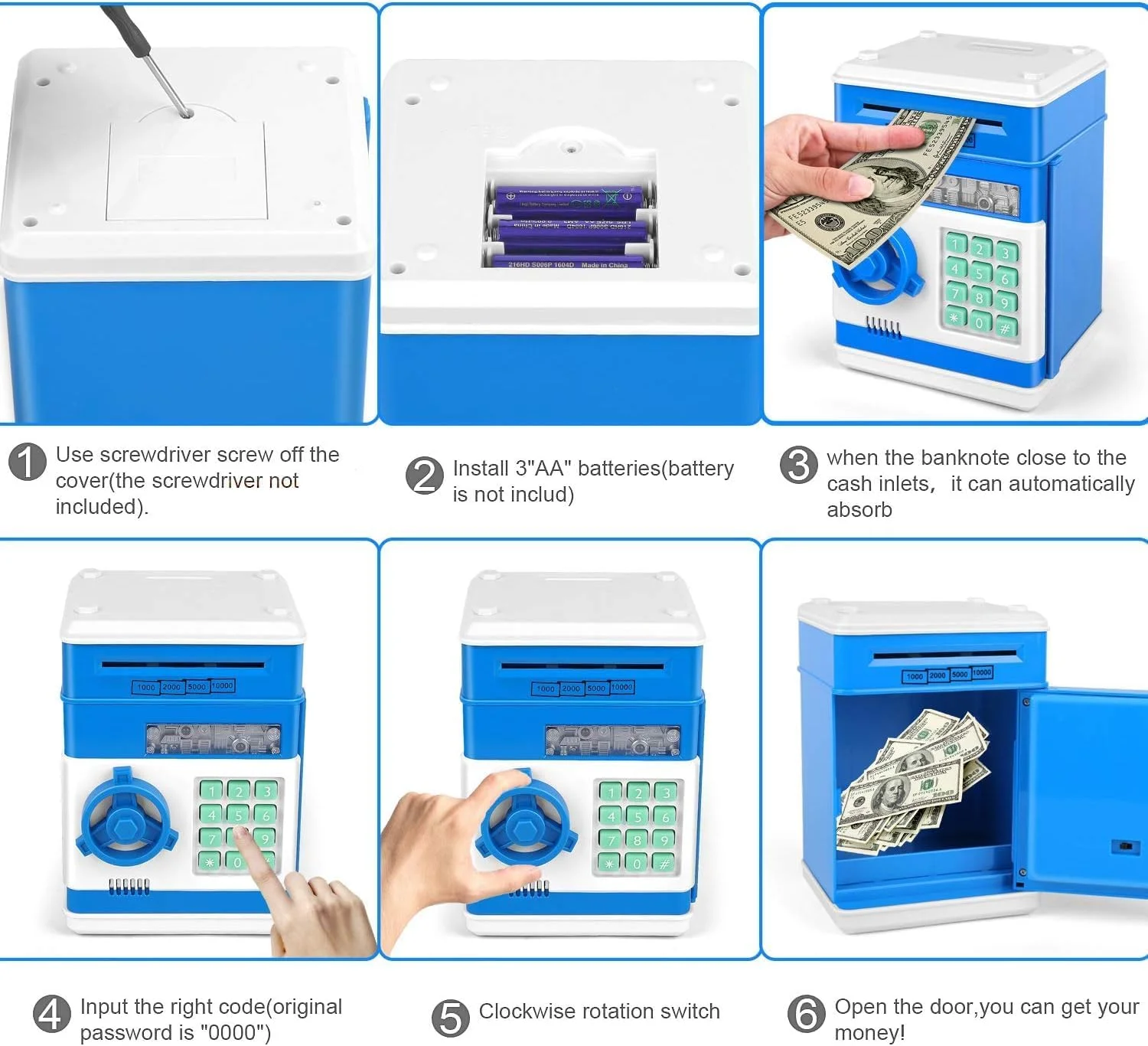 اسباب بازی باغچه، قلک الکترونیکی هوشمند برای کودکان - جعبه پس انداز مینی ATM، صندوق سکه نقدی محافظت شده با رمز عبور، محافظ خودکار پول کاغذی، هدیه نگهداری پول واقعی برای پسران و دختران (آبی)