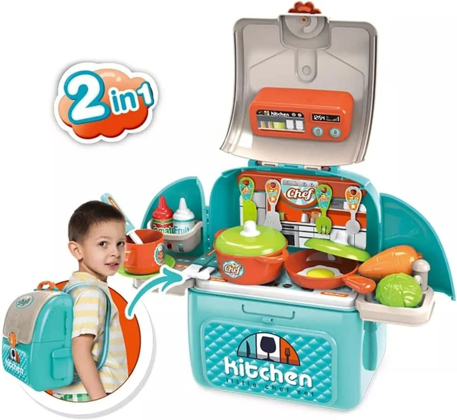 ست آشپزخانه اسباب بازی 2 در 1 برای کودکان - مجموعه بازی قابل حمل آشپز کوچک با لوازم جانبی آشپزی، اسباب بازی های نقش آفرینی خیالی برای دختران و پسران، ست آشپزخانه عالی برای کودکان برای بازی تعاملی